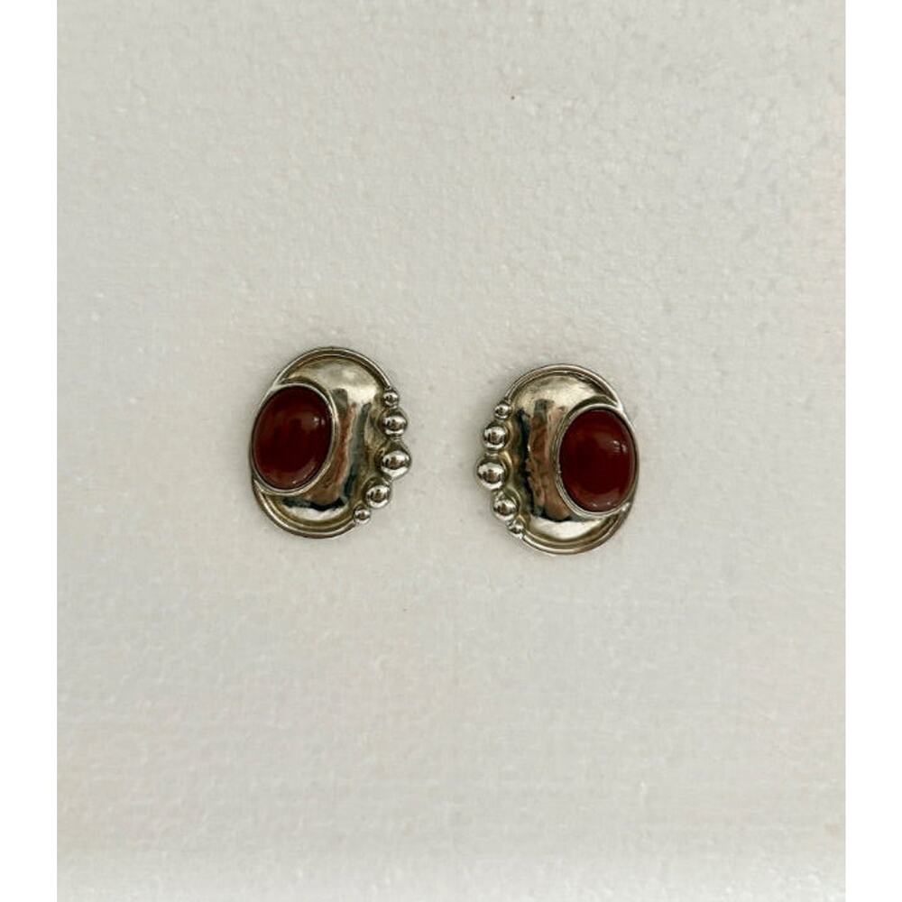 Vintage Silver Carnelian Cabochon Pierced Post Stud Earrings